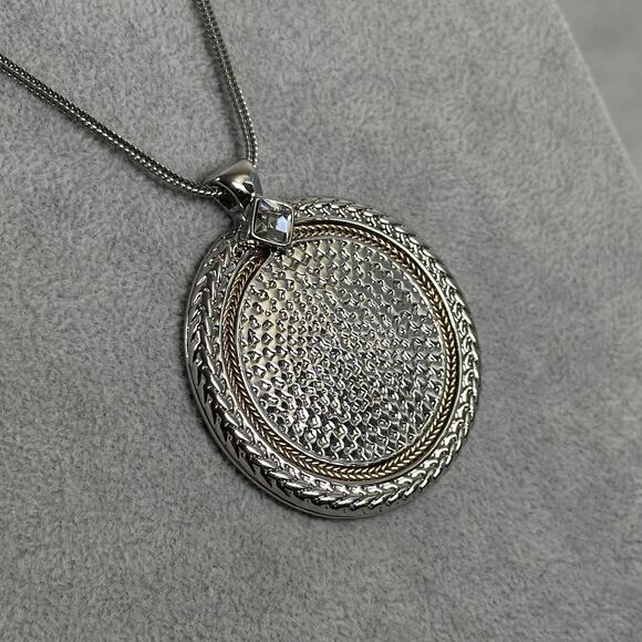 Chico's Two Tone Medallion Pendant Necklace Silver Gold Tone Crystal Adjustable - Picture 1 of 7